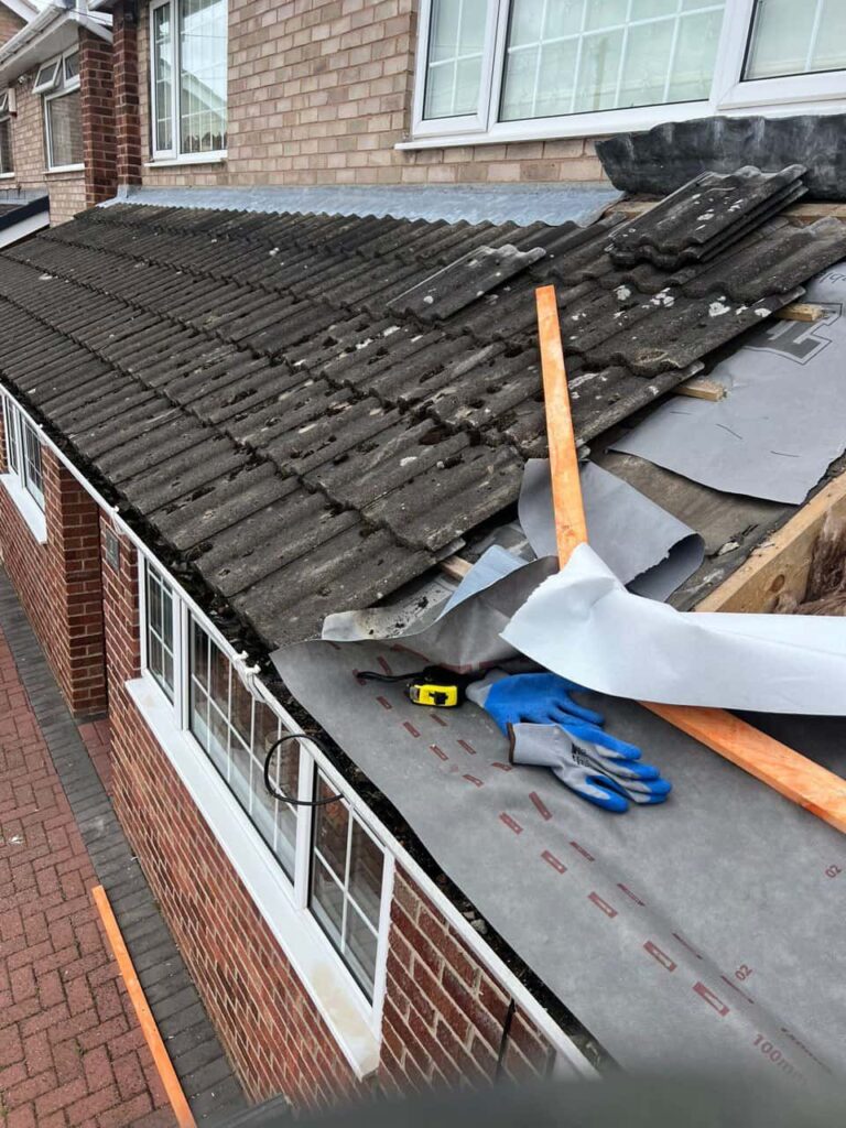 This is a photo of a pitched roof which is being repaired. The existing roof was leaking badly. Works carried out by Dinnington Roofing Repairs